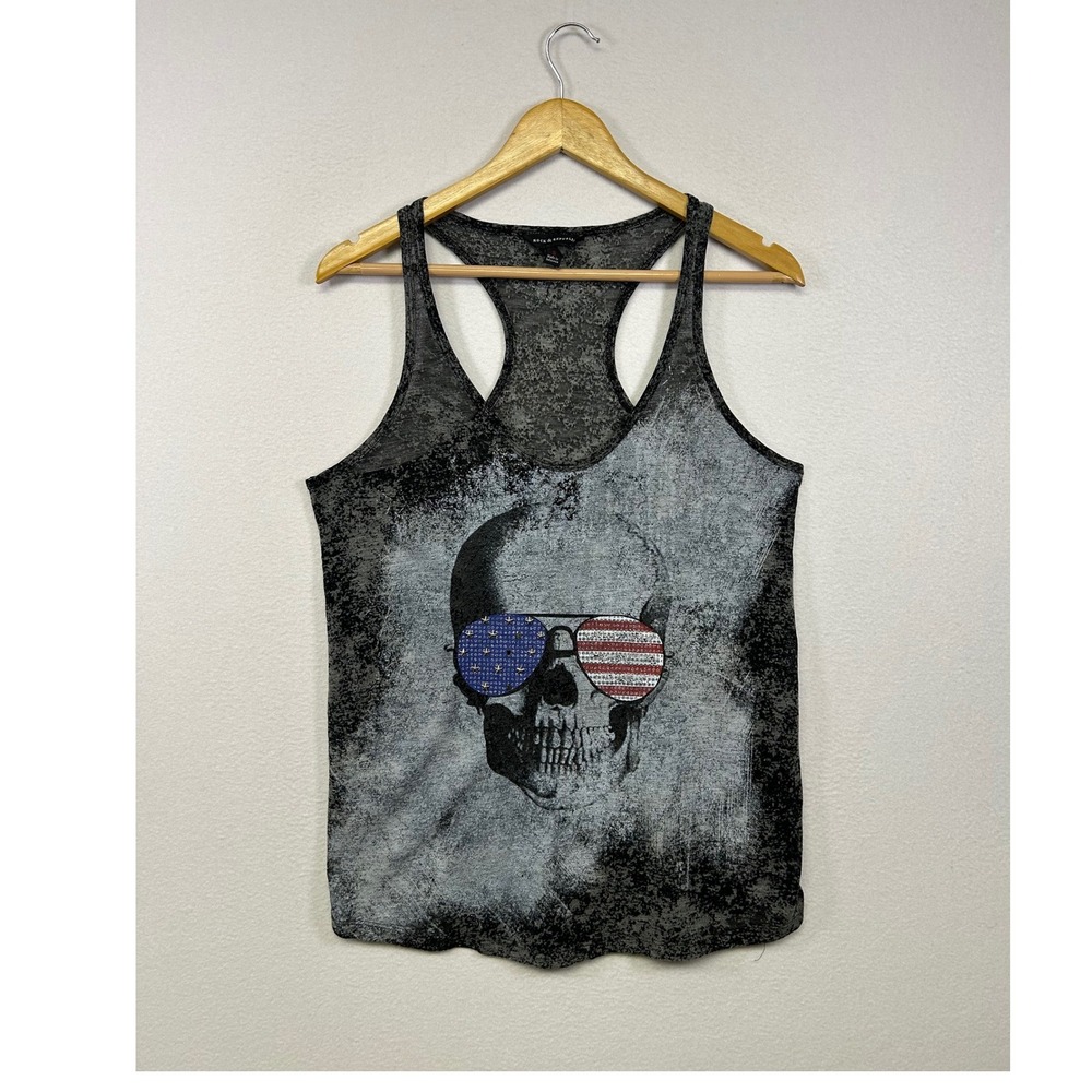 Edgy Grunge Rock & Republic Womens Sm Gray Skull Rhinestone‎ Flag Racerback Tank
